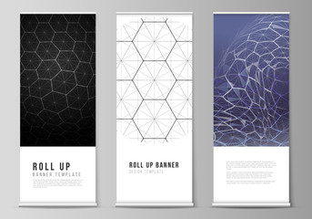 Vector layout of roll up banner stands, vertical flyers, flags design business templates. Digital technology and big data concept with hexagons, connecting dots and lines, science medical background.