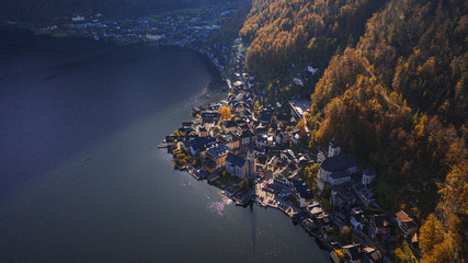 Aerial view over Hallstatt Austria during autumn season, above Hallstatt during fall 