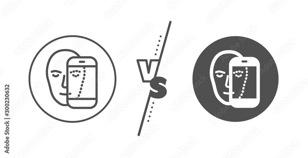 Poster facial recognition by phone sign. versus concept. face biometrics line icon. head scanning symbol. l