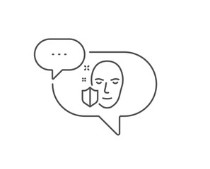 Face detection protected line icon. Chat bubble design. Secure access sign. Facial identification symbol. Outline concept. Thin line face protection icon. Vector