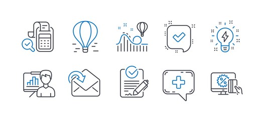 Set of Technology icons, such as Air balloon, Roller coaster, Presentation board, Receive mail, Inspiration, Rfp, Bill accounting, Medical chat, Confirmed, Online shopping line icons. Vector