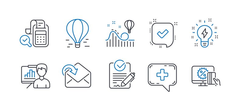 Set of Technology icons, such as Air balloon, Roller coaster, Presentation board, Receive mail, Inspiration, Rfp, Bill accounting, Medical chat, Confirmed, Online shopping line icons. Vector