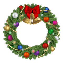Fototapeta na wymiar christhmas pine wreath with decorations and lights