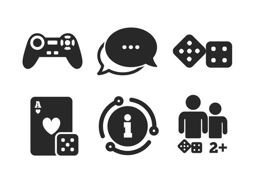 Board games players signs. Chat, info sign. Gamer icons. Video game joystick symbol. Casino playing card. Classic style speech bubble icon. Vector