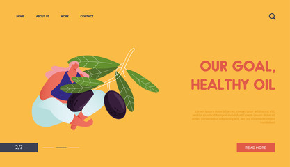 Ecological Healthy Vegetable Oil Farm Production Website Landing Page. Woman Farmer Hold Branch with Ripe Olives. Gardener Harvesting in Garden. Work Web Page Banner. Cartoon Flat Vector Illustration