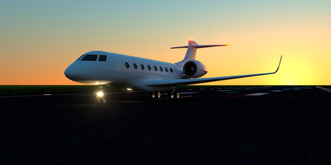 Luxury business jet on runway. Extremely detailed and realistic high resolution 3d illustration