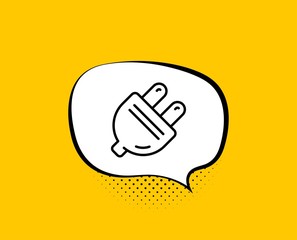 Electric plug line icon. Comic speech bubble. Energy sign. Electricity power symbol. Yellow background with chat bubble. Electric plug icon. Colorful banner. Vector