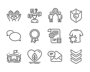 Set of Business icons, such as Shoulder strap, Copyright protection, Employees teamwork, New mail, Quiz test, Settings blueprint, Local grown, Arena, Dirty t-shirt, Messenger, Success. Vector