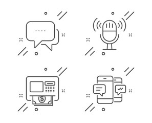 Microphone, Atm and Message line icons set. Smartphone sms sign. Mic, Money withdraw, Chat bubble. Mobile messages. Technology set. Line microphone outline icon. Vector