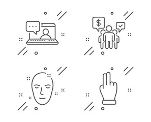 Health skin, Friends chat and Teamwork line icons set. Click hand sign. Clean face, Message, Employees chat. Direction finger. People set. Line health skin outline icon. Vector