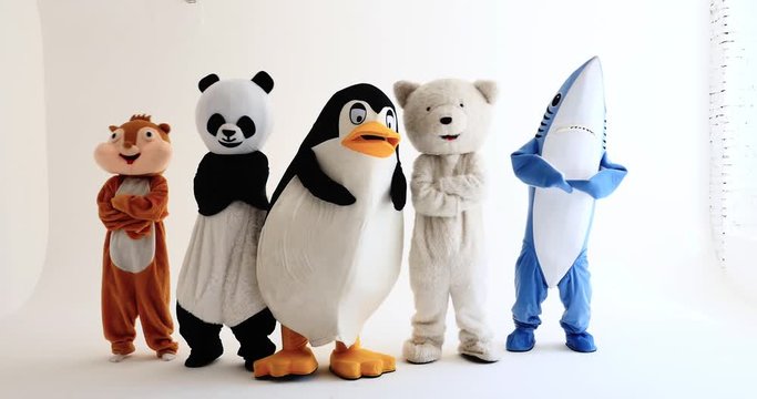 Polar bear and animal mascots characters with a message for humanity, about global warming and pollution problems on our planet