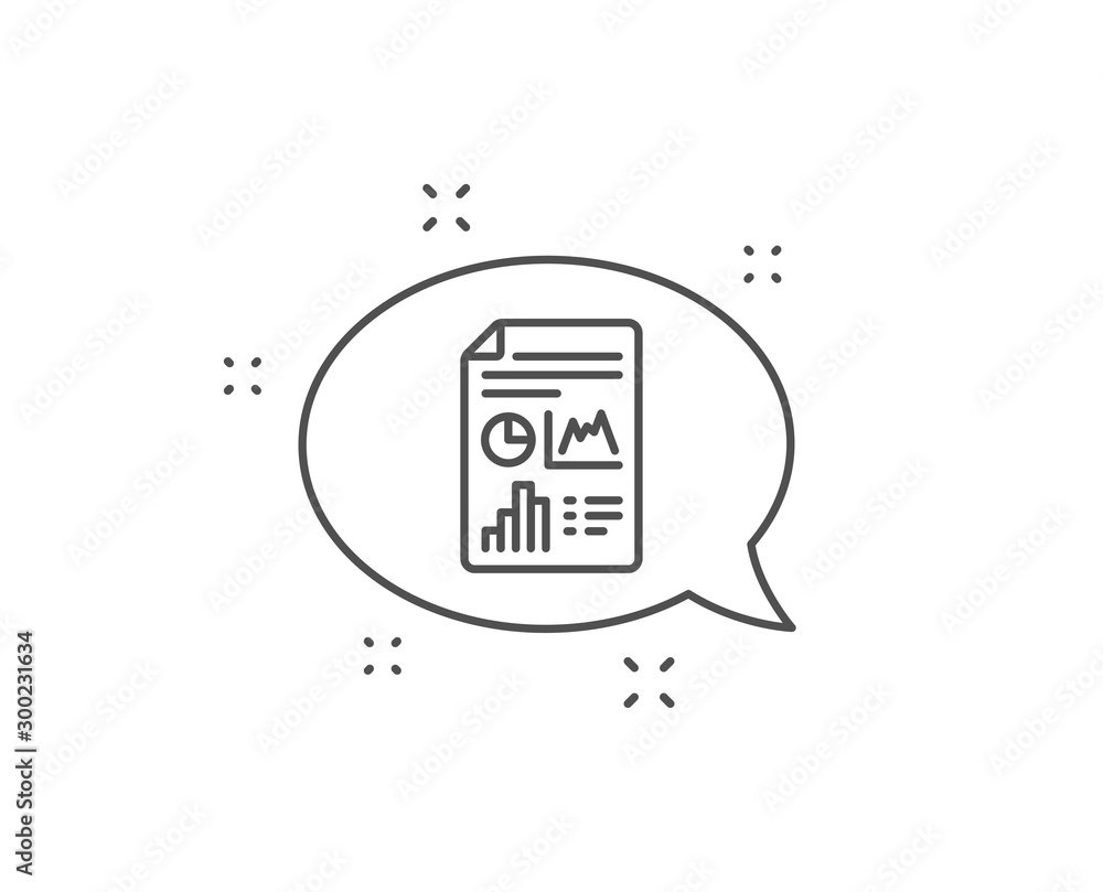 Poster report document line icon. chat bubble design. column graph sign. growth diagram, pie chart symbol. 