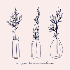 Set of floral compositions. Bouquets with hand drawnbranches in vases and jars. Monochrome vector illustrations in sketch style. Cozy branches