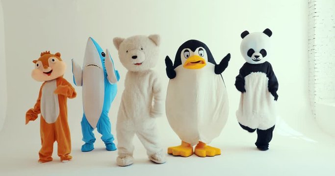 Polar bear and animal mascots characters with a message for humanity, about global warming and pollution problems on our planet