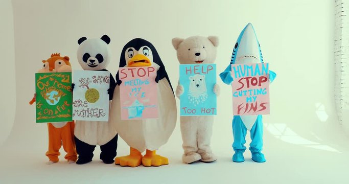 Polar bear and animal mascots characters with a message for humanity, about global warming and pollution problems on our planet