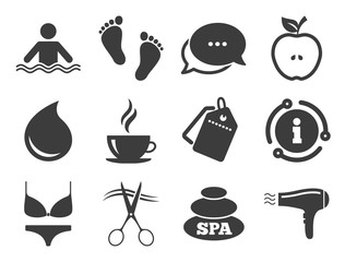 Swimming pool sign. Discount offer tag, chat, info icon. Spa, hairdressing icons. Lingerie, scissors and hairdryer symbols. Classic style signs set. Vector