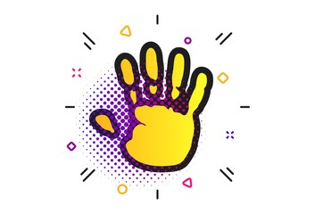 Hand print sign icon. Halftone dots pattern. Stop symbol. Classic flat hand print icon. Vector