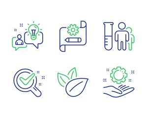 Idea, Cogwheel blueprint and Medical analyzes line icons set. Organic product, Chemistry lab and Employee hand signs. Solution, Edit settings, Medicine results. Leaves. Science set. Vector