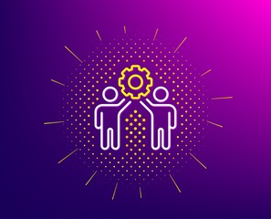 Employees teamwork line icon. Halftone pattern. Collaboration sign. Development partners symbol. Gradient background. Employees teamwork line icon. Yellow halftone pattern. Vector