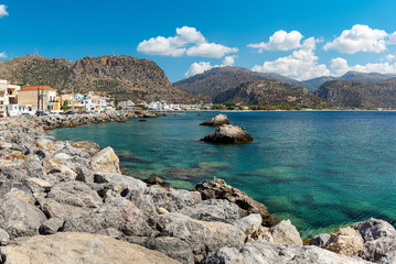 Rocky coastline of Palaiochora town, located at south of Crete island, Greece
