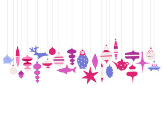 Vector illustration of various hanging Christmas ornaments. Winter holidays banner or background.
