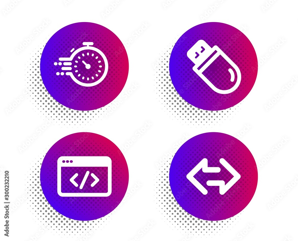 Poster seo script, timer and usb stick icons simple set. halftone dots button. sync sign. programming, dead