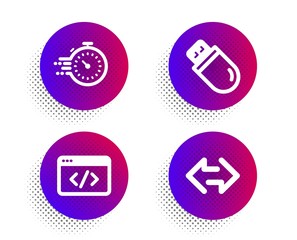 Seo script, Timer and Usb stick icons simple set. Halftone dots button. Sync sign. Programming, Deadline management, Memory flash. Synchronize. Business set. Classic flat seo script icon. Vector