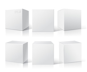 Set of blank white packaging boxes. Different positions. Vector illustration