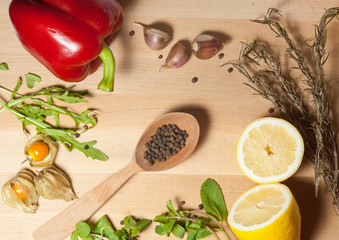 spices and vegetables on the board