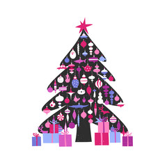 Vector illustration of a Christmas tree decorated with ornaments