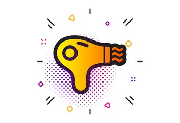 Hairdryer sign. Halftone circles pattern. Hair dryer icon. Hotel service symbol. Classic flat hair dryer icon. Vector