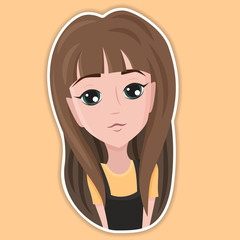 Beautiful upset sad smiling cartoon girl isolated on background, stickers with different facial expression. Cartoon character design, sticker design, avatar. Flat vector illustration