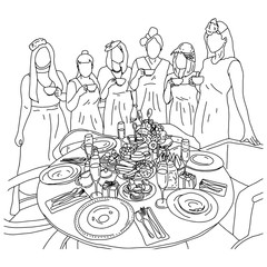 five women having afternoon tea with desserts on table vector illustration sketch doodle hand drawn with black lines isolated on white background