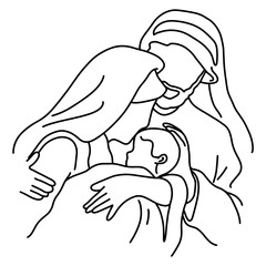 close-up Christmas nativity scene of Joseph and Mary holding baby Jesus vector illustration sketch doodle hand drawn with black lines isolated on white background