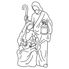 Christmas nativity scene of Joseph with cane and Mary holding baby Jesus vector illustration sketch doodle hand drawn with black lines isolated on white background © a3701027