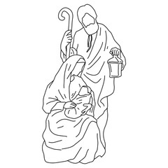 nativity scene of Joseph with cane and Mary holding baby Jesus vector illustration sketch doodle hand drawn with black lines isolated on white background