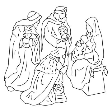 three wise men with Jesus and mary vector illustration sketch doodle hand drawn with black lines isolated on white background. Christmas holliday concept.