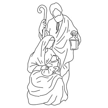 recommend clip art: nativity scene of Joseph with cane and Mary holding baby Jesus vector illustration sketch doodle hand drawn with black lines isolated on white background
