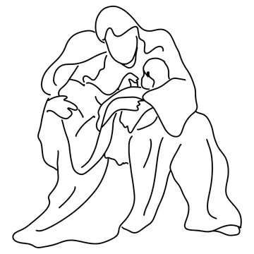 recommend clip art: Christmas nativity scene of Joseph and Mary holding baby Jesus vector illustration sketch doodle hand drawn with black lines isolated on white background