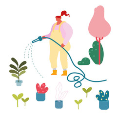Young Woman Watering Potted Domestic Plants from Hose Outdoors in House Yard. Girl Bring Flowers in Pots on Open Air for Caring or Replanting. Gardening Hobby Concept. Cartoon Flat Vector Illustration
