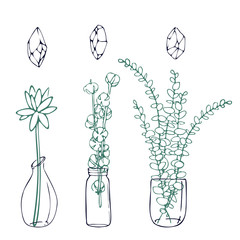 Set of floral compositions. Bouquets with hand drawn flowers and plants in vases and jars. Monochrome vector illustrations in sketch style. Crystals shapes. Cotton, eucaliptus and lillac