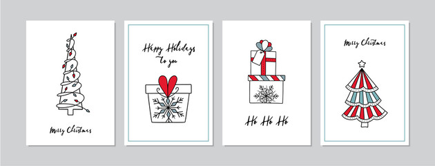 Merry Christmas cards set with hand drawn Christmas trees and gifts. Doodles and sketches vector Christmas illustrations, DIN A6.