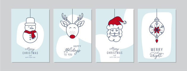 Merry Christmas cards set with hand drawn Santa Claus and friends. Doodles and sketches vector Christmas illustrations, DIN A6.