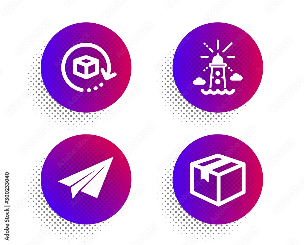 Poster paper plane, lighthouse and return package icons simple set. halftone dots button. parcel sign. airp