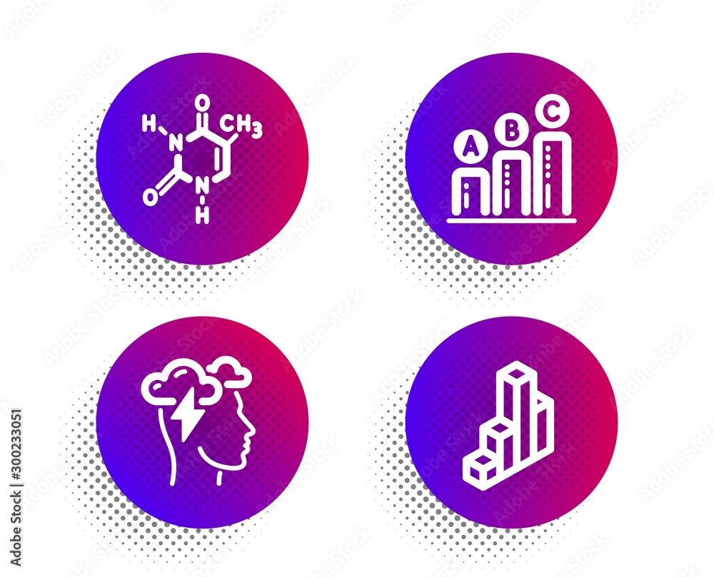 Poster chemical formula, graph chart and mindfulness stress icons simple set. halftone dots button. 3d char