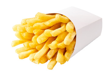 French fries in a white carton box isolated on white background