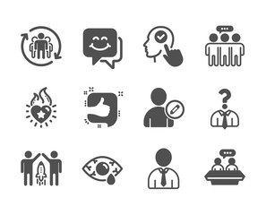 Set of People icons, such as Select user, Smile face, Heart flame, Edit user, Human, Hiring employees, Employees talk, Like, Ð¡onjunctivitis eye, Teamwork, Partnership classic icons. Vector