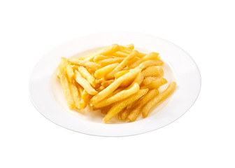 fried potatoes in a white plate on a white background isolated