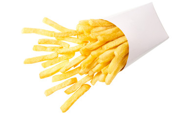 fried chips spilled out of a white cardboard box isolated on white background