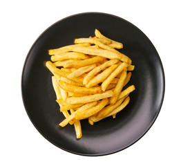 fried potatoes in a black plate on a white background isolated, top view